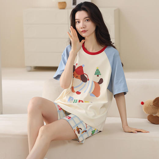 【带胸垫】夏天纯棉可爱短袖睡衣 免穿内衣可外穿休闲家居服套装 商品图0
