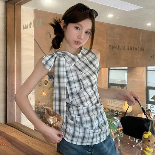 西遇格子无袖上衣女2025年夏季新款设计感蝴蝶结系带褶皱格纹背心SS050759 商品图4