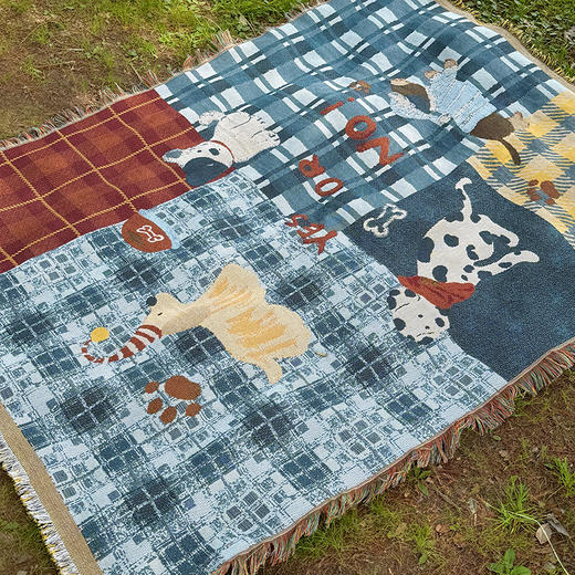 自然醒中古风艺术挂毯沙发毯复古美式田园格子拼接小狗针织毯午睡盖毯野餐布垫MT 商品图11