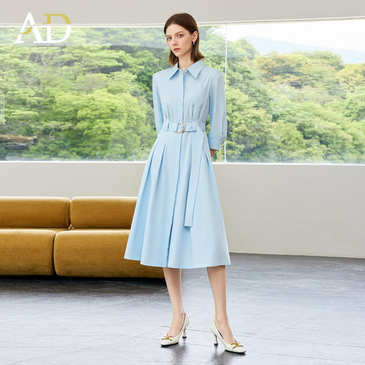 AD蓝色简约连衣裙女2025新款夏季极简风收腰显瘦通勤气质衬衫裙子 商品图2