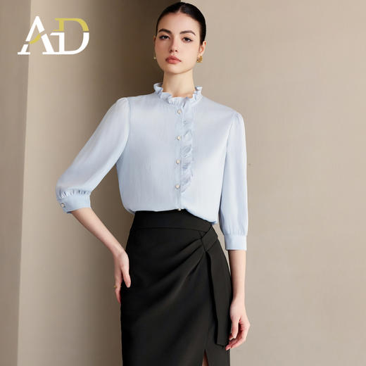 AD木耳边衬衫女2025夏季新款七分袖纯色上衣高级感减龄洋气衬衣 商品图2