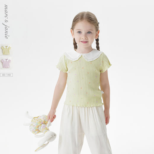 马克珍妮女童满底碎花娃娃领短袖T恤 宝宝针织上衣夏装新款550759 商品图0