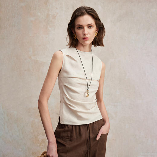 亚麻天丝高智风抽褶收腰背心/简约开衩芭蕉半裙2025夏新CS2502069 商品图2