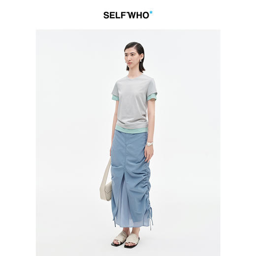 SELFWHO高支棉混纺假两件抽褶鱼尾半身裙女2025夏新款直筒包臀裙 商品图1