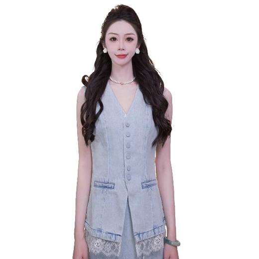 MAXRIENY2025年夏季新款无袖马甲水洗蓝牛仔拼接蕾丝高级感百搭(货号:MF86VE251) 商品图3