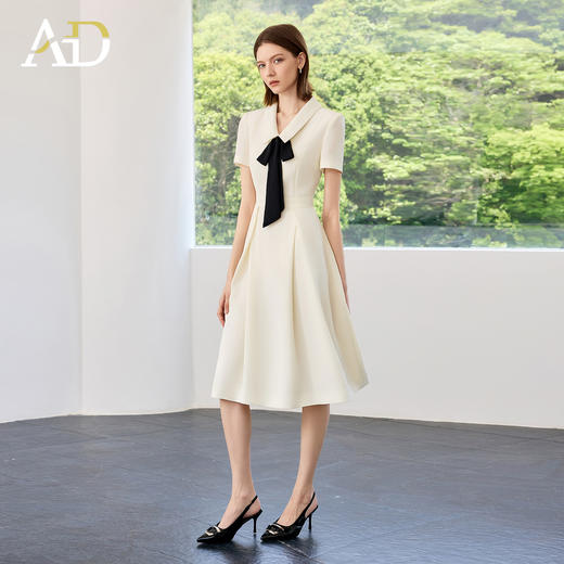 AD高端法式气质连衣裙女2025新款夏季蝴蝶结飘带收腰显瘦中长裙子 商品图3