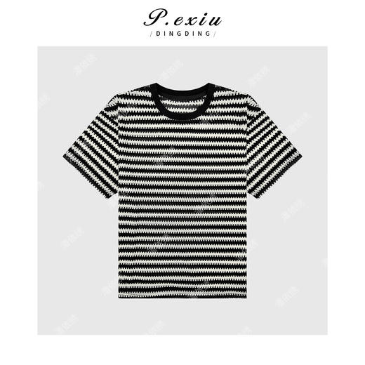 03-2潘依绣丁丁宠粉PanYiXiu/潘依绣夏季撞色波浪条纹设计感短袖T恤 G9069 商品图1