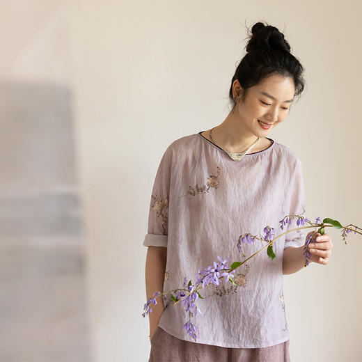 牧衣游原创 松骨牡丹印花丝棉套头衫宽松清凉透薄百搭上衣 杜松 商品图0