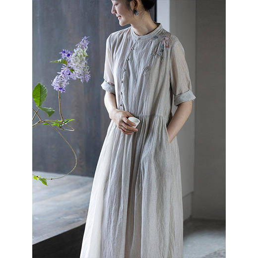 牧衣游原创 丝棉手工刺绣炒色连衣裙新款轻薄复古新中式长裙 云深 商品图1