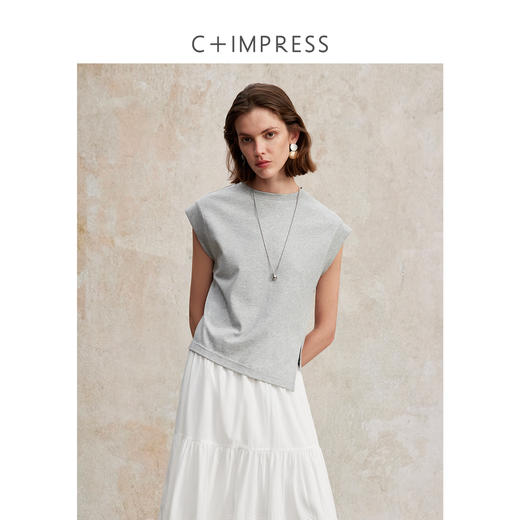 澳棉简约不规则开衩设计感T恤2025夏新T2502005 商品图1