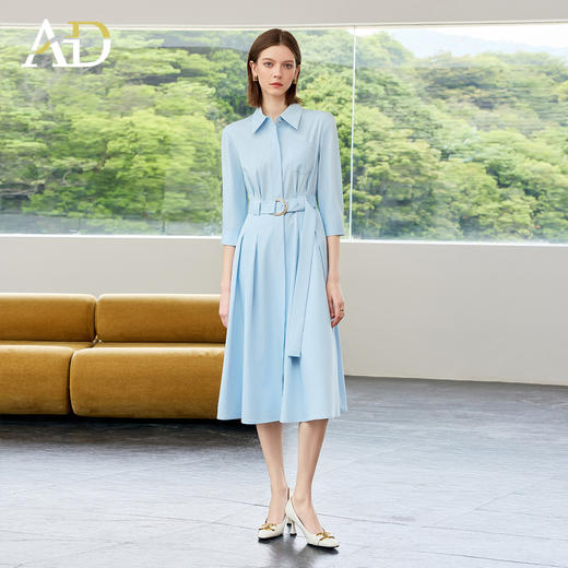 AD蓝色简约连衣裙女2025新款夏季极简风收腰显瘦通勤气质衬衫裙子 商品图3