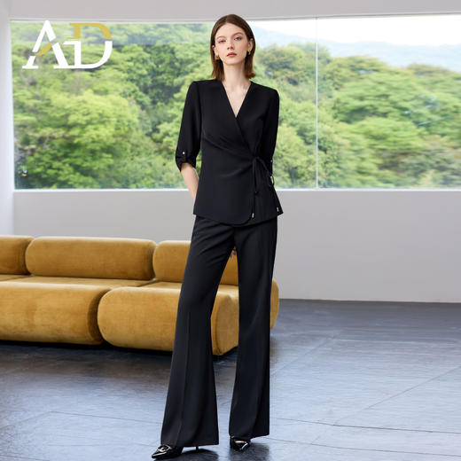 AD光泽感黑色西装套装女2025夏季薄款抽褶七分袖西装外套职业套裤 商品图1