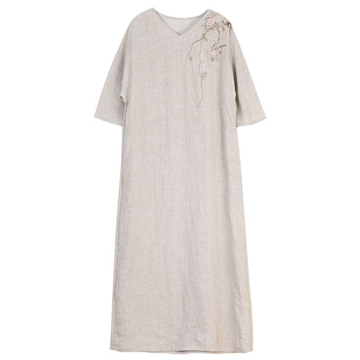 牧衣游原创手工刺绣汉麻连衣裙新品轻薄柔软质朴V领宽松长裙 知源 商品图4