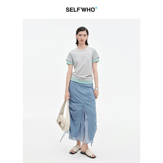 SELFWHO棉混纺撞色假两件短袖t恤女2025夏季新款刺绣设计正肩上衣 商品图3