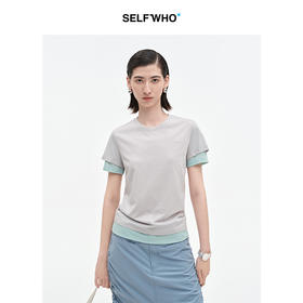 SELFWHO棉混纺撞色假两件短袖t恤女2025夏季新款刺绣设计正肩上衣