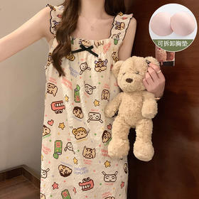 【带胸垫睡裙】女夏季薄款无袖日系可爱甜美少女吊带中长连体裙家居服。ry