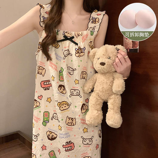 【带胸垫睡裙】女夏季薄款无袖日系可爱甜美少女吊带中长连体裙家居服。ry 商品图0