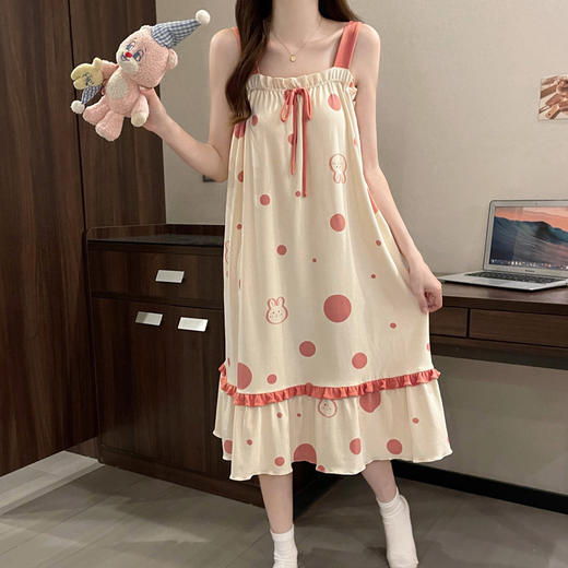 【内侧自带固定胸垫！防凸点】纯棉防凸点带胸垫女睡裙夏季吊带性感甜美可爱卡通无袖睡衣家居服。ry 商品图0