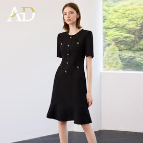 AD通勤装高级感黑色小香风圆领连衣裙女夏季新款气质收腰显瘦鱼尾