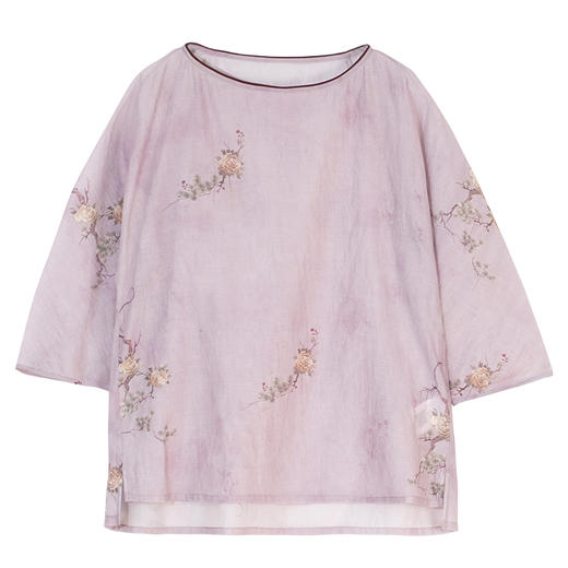 牧衣游原创 松骨牡丹印花丝棉套头衫宽松清凉透薄百搭上衣 杜松 商品图4