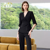 AD光泽感黑色西装套装女2025夏季薄款抽褶七分袖西装外套职业套裤 商品缩略图2