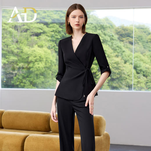 AD光泽感黑色西装套装女2025夏季薄款抽褶七分袖西装外套职业套裤 商品图2