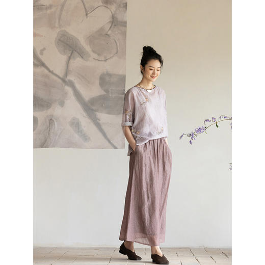 牧衣游原创 松骨牡丹印花丝棉套头衫宽松清凉透薄百搭上衣 杜松 商品图2