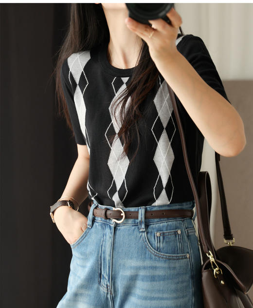 miu家英伦菱格天丝醋酸亲肤夏季针织T恤 商品图6