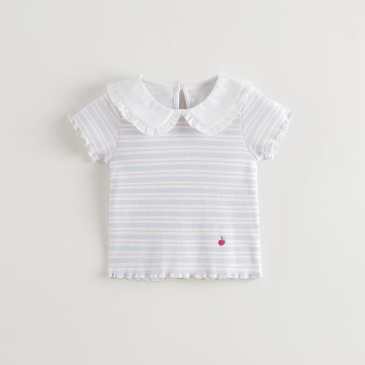 马克珍妮女童甜趣条纹荷叶领短袖T恤 宝宝上衣2025夏装新款550755 商品图2