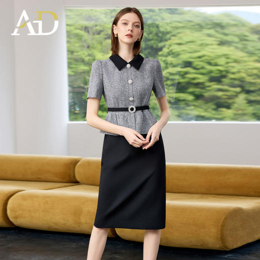 AD黑色包臀裙子女夏连衣裙灰色接拼职业装2025新款假两件西服裙 商品图1