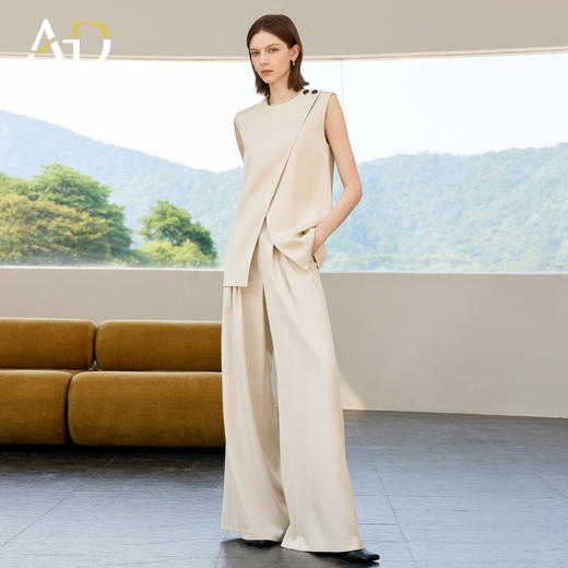 AD高级感无袖亚麻上衣套装女2025新款夏季宽松阔腿裤通勤两件套 商品图1
