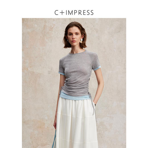 兰精天丝羊毛假两件抽绳修身T恤2025夏新T2502001 商品图0