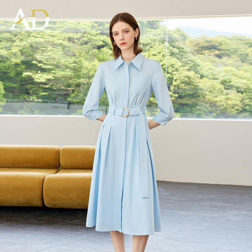 AD蓝色简约连衣裙女2025新款夏季极简风收腰显瘦通勤气质衬衫裙子 商品图0