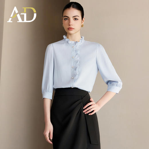 AD木耳边衬衫女2025夏季新款七分袖纯色上衣高级感减龄洋气衬衣 商品图3
