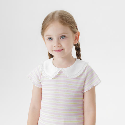 马克珍妮女童甜趣条纹荷叶领短袖T恤 宝宝上衣2025夏装新款550755 商品图4
