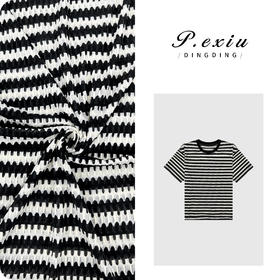 03-2潘依绣丁丁宠粉PanYiXiu/潘依绣夏季撞色波浪条纹设计感短袖T恤 G9069