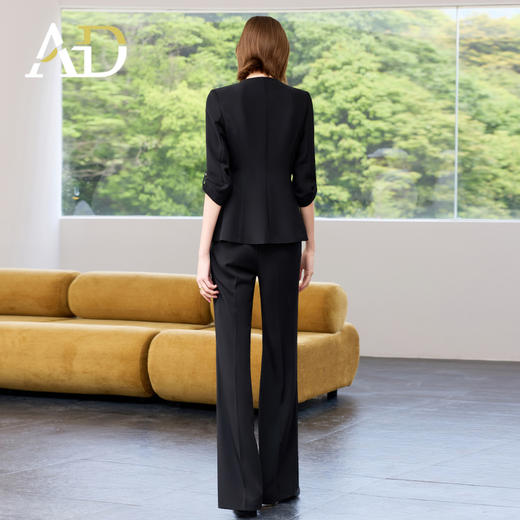 AD光泽感黑色西装套装女2025夏季薄款抽褶七分袖西装外套职业套裤 商品图4