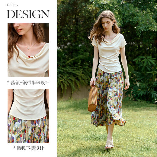 OLrain欧芮儿法式慵懒荡领显瘦短袖T恤女夏季2025年新款短袖上衣 商品图1