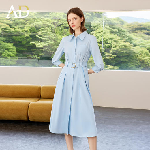 AD蓝色简约连衣裙女2025新款夏季极简风收腰显瘦通勤气质衬衫裙子 商品图4