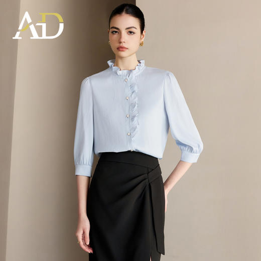 AD木耳边衬衫女2025夏季新款七分袖纯色上衣高级感减龄洋气衬衣 商品图1