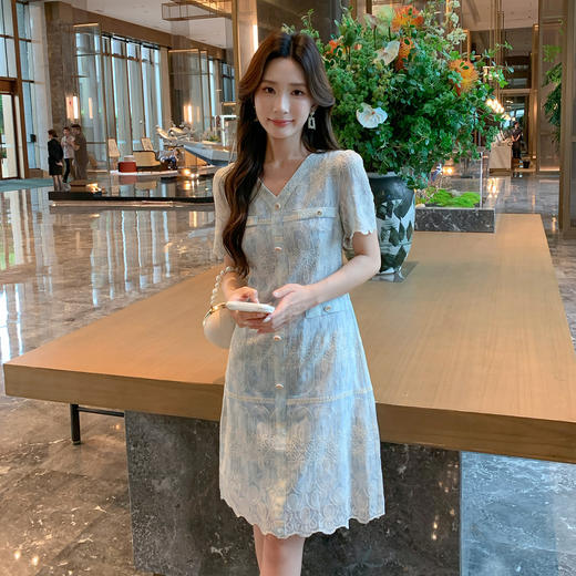 奢姿大码女装2025夏季新款胖妹妹小香风气质绣花V领轻奢连衣裙9952858337 商品图4