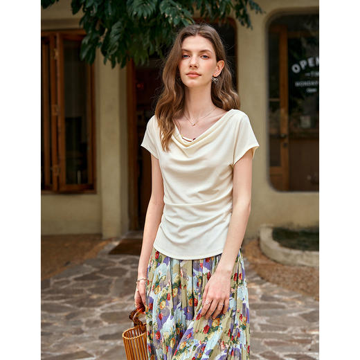 OLrain欧芮儿法式慵懒荡领显瘦短袖T恤女夏季2025年新款短袖上衣 商品图3