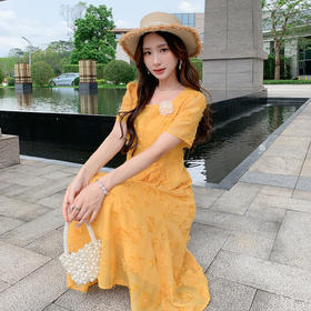 奢姿大码女装2025夏季新款胖妹妹法式方领连衣裙气质优雅A字裙9952802003【1】