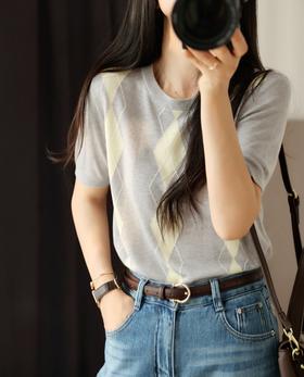 miu家英伦菱格天丝醋酸亲肤夏季针织T恤