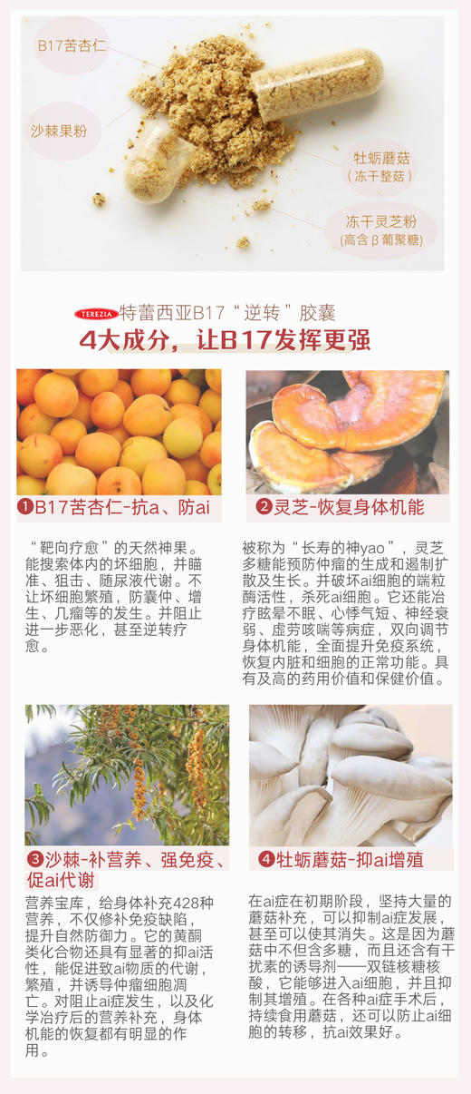 捷克特蕾西亚免疫4重奏 B17杏仁灵芝胶囊60粒！加强抵抗力术后补充能量防大疾 商品图6