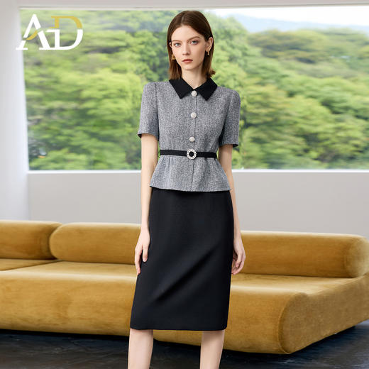 AD黑色包臀裙子女夏连衣裙灰色接拼职业装2025新款假两件西服裙 商品图2
