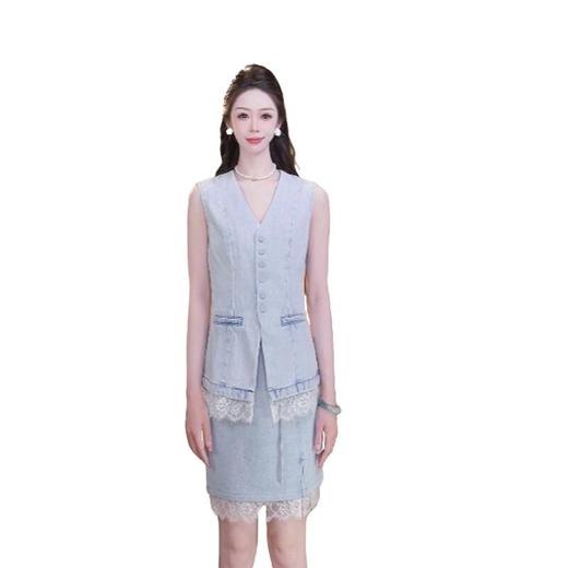 MAXRIENY2025年夏季新款无袖马甲水洗蓝牛仔拼接蕾丝高级感百搭(货号:MF86VE251) 商品图1