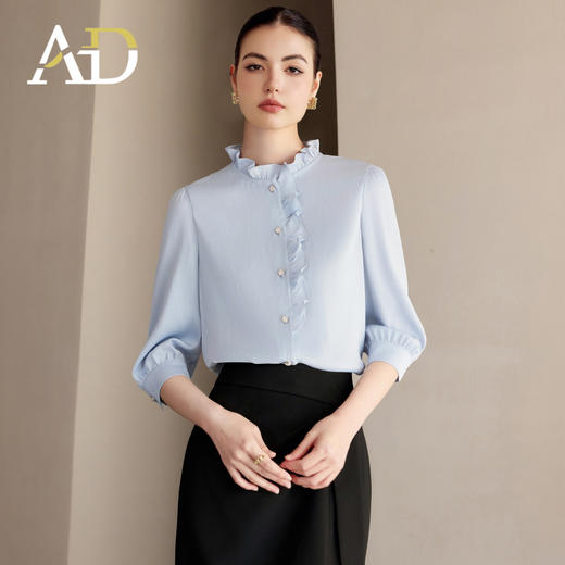 AD木耳边衬衫女2025夏季新款七分袖纯色上衣高级感减龄洋气衬衣 商品图0