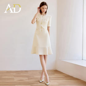 AD高端米白色小香风圆领连衣裙女夏新款短袖法式鱼尾裙通勤工作服