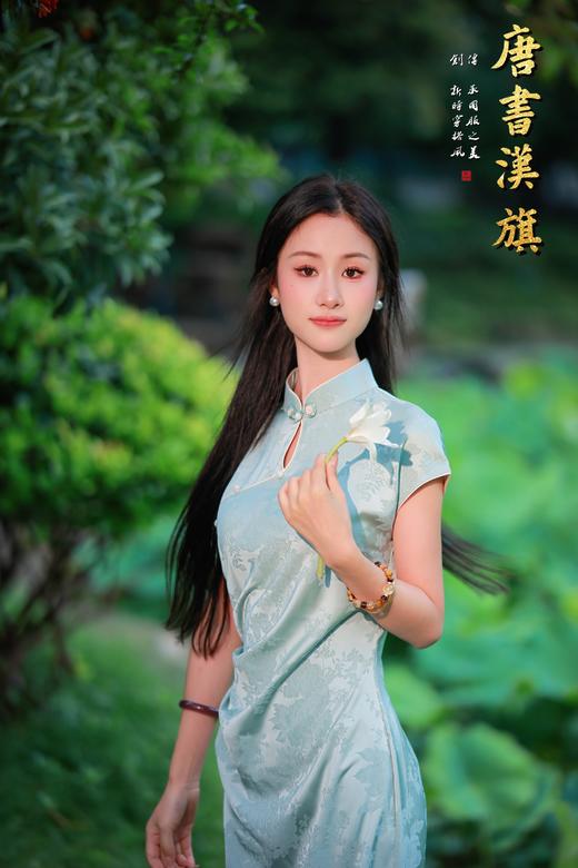 【绿 萍】浅青色短袖修身旗袍精致暗纹提花优雅日常 商品图4